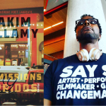 Left image: Cover for 'Commissions y Corridos', yellow and black text over photo of a shopfront window. Right image: A man in a blue shirt with white text, white headphones around his neck, and black reading glasses, standing in front of a white pylon.
