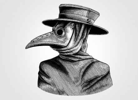 A black and white illustration of a plague doctor, with the beak mask and short hat