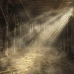 Barn interior with rows of wooden stalls, beams of sunlight filtering through cracks, and dust particles dancing in the air