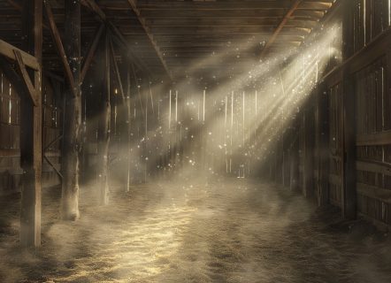 Barn interior with rows of wooden stalls, beams of sunlight filtering through cracks, and dust particles dancing in the air