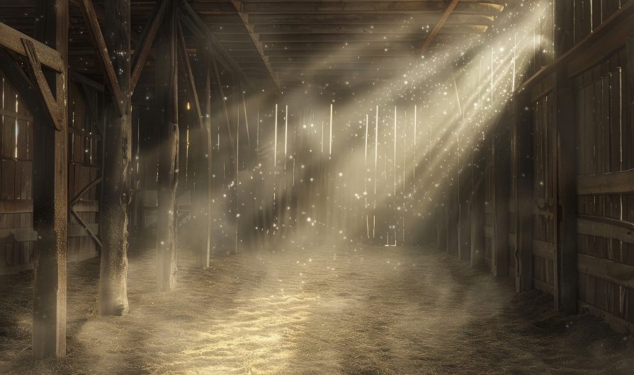 Barn interior with rows of wooden stalls, beams of sunlight filtering through cracks, and dust particles dancing in the air