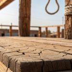 A rustic wooden structure stands in a forgotten place, with weathered beams and a somber noose.