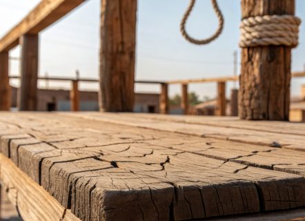 A rustic wooden structure stands in a forgotten place, with weathered beams and a somber noose.