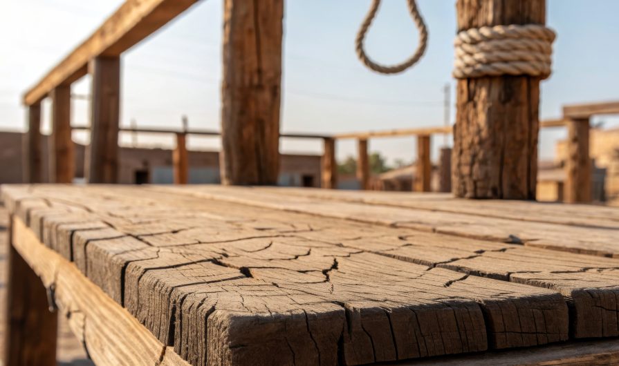 A rustic wooden structure stands in a forgotten place, with weathered beams and a somber noose.