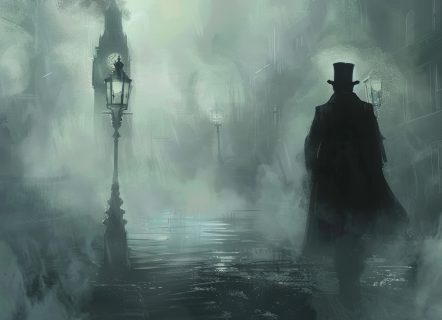 Atmospheric illustration of a shadowy figure in a top hat, representing jack the ripper, walking through the foggy, gas-lit streets of victorian london. eerie ambiance highlighted by dense fog and dim streetlamps, evoking a sense of mystery.