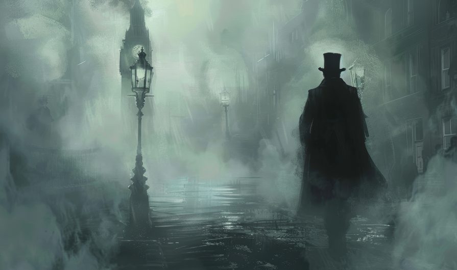 Atmospheric illustration of a shadowy figure in a top hat, representing jack the ripper, walking through the foggy, gas-lit streets of victorian london. eerie ambiance highlighted by dense fog and dim streetlamps, evoking a sense of mystery.