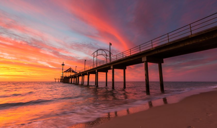A vibrant sunset at Brighton Jetty in Brighton, Adelaide, South Australia, Australia on 1st February 2018