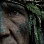 Indigenous elder portrait with traditional feathers face paint in forest, cultural heritage concept!. High quality photo