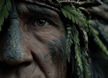 Indigenous elder portrait with traditional feathers face paint in forest, cultural heritage concept!. High quality photo
