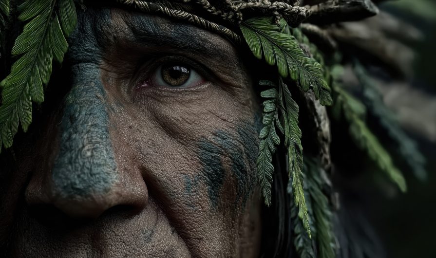 Indigenous elder portrait with traditional feathers face paint in forest, cultural heritage concept!. High quality photo