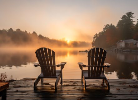 Generative AI Cottage life - Sunrise on two empty Adirondack chairs sitting on a dock on a lake in Muskoka, Ontario Canada. The sun rays create long shadows on the wooden pier.
