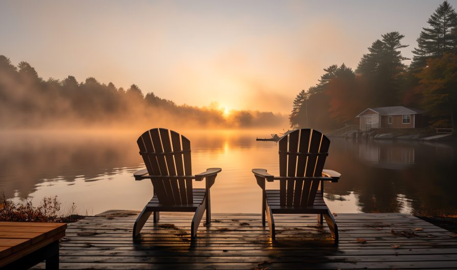 Generative AI Cottage life - Sunrise on two empty Adirondack chairs sitting on a dock on a lake in Muskoka, Ontario Canada. The sun rays create long shadows on the wooden pier.