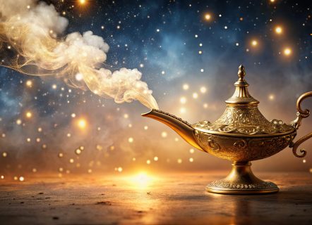 Make a wish on a golden magic genie lamp surrounded by glittering stars and mystical smoke, wish, magic, genie, lamp, stars