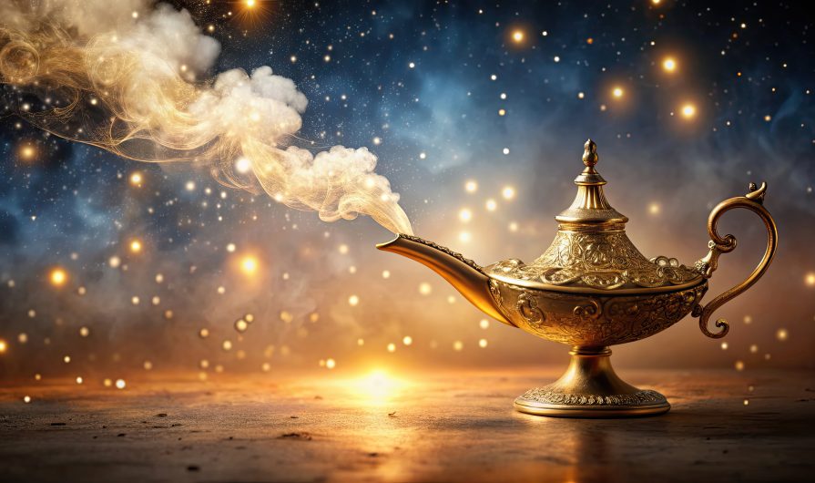 Make a wish on a golden magic genie lamp surrounded by glittering stars and mystical smoke, wish, magic, genie, lamp, stars