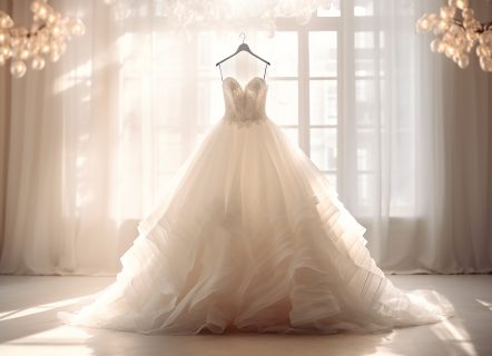 Closeup wedding dress in bridal room background. Banner. Front view of stylish dress for wedding day. Beautiful clothes for bride. Copy Space. Ai generative