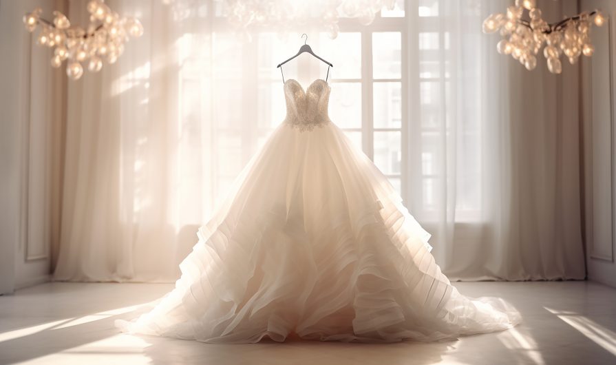 Closeup wedding dress in bridal room background. Banner. Front view of stylish dress for wedding day. Beautiful clothes for bride. Copy Space. Ai generative