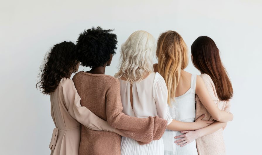 A group of women hugging close together. Female community and support.